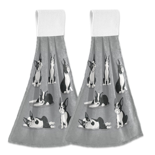 Aslsiy Boston Terrier Dog Hanging Kitchen Towels Cute Puppy Hand Tie Towel Fast Drying Dish Tea Towels for Bath Tabletop Gym Home Decor Set of 2