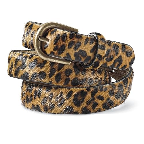SAGEFINDS Leopard Print Leather Belt for Women, Fashion Waist Belt for Jeans and Dresses, Brass Buckle, 1” Wide