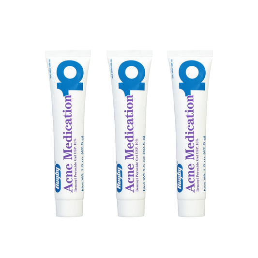 Rugby Acne Medication Benzoyl Peroxide Gel USP, 10% - Clear Up Acne Pimples - Greaseless, Vanishing Formula - 1.5 Oz (42.5g) - 3 Pack