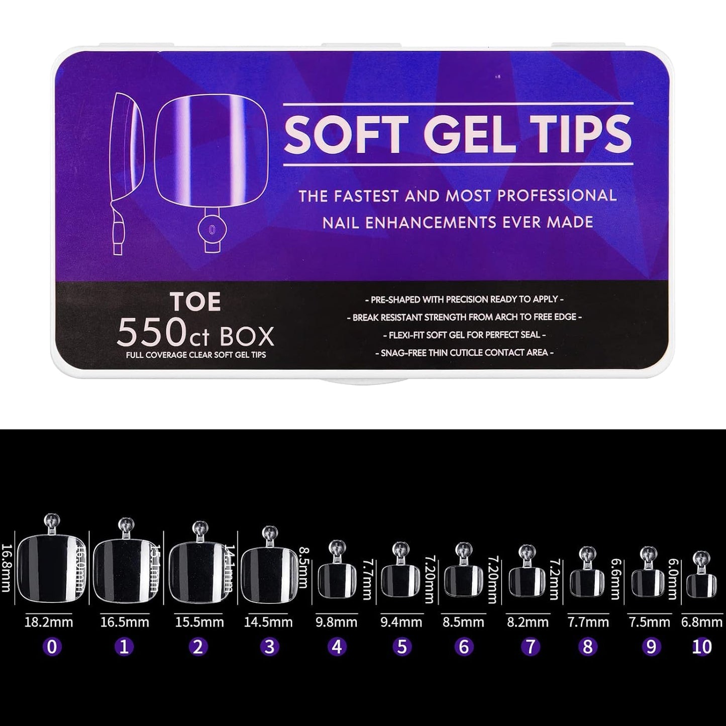 Cycullinyt 550pcs Square Soft Gel Toe Nail Tips, 11 Sizes Square Toenails Full Cover Acrylic Press on False Nail Tips No Trace for Beginners