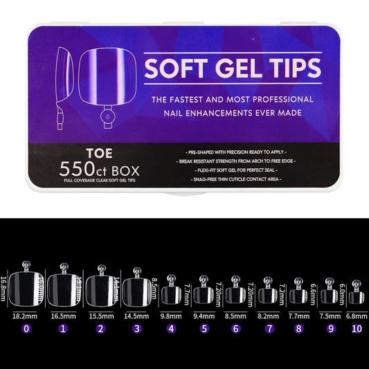 Cycullinyt 550pcs Square Soft Gel Toe Nail Tips, 11 Sizes Square Toenails Full Cover Acrylic Press on False Nail Tips No Trace for Beginners