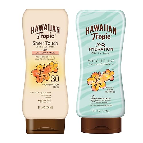 Hawaiian Tropic SPF 30 Broad Spectrum Sunscreen and After Sun Pack with 8oz Sheer Touch Moisturizing Sunscreen Lotion and 6oz Silk Hydration