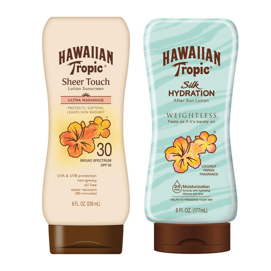 Hawaiian Tropic SPF 30 Broad Spectrum Sunscreen and After Sun Pack with 8oz Sheer Touch Moisturizing Sunscreen Lotion and 6oz Silk Hydration