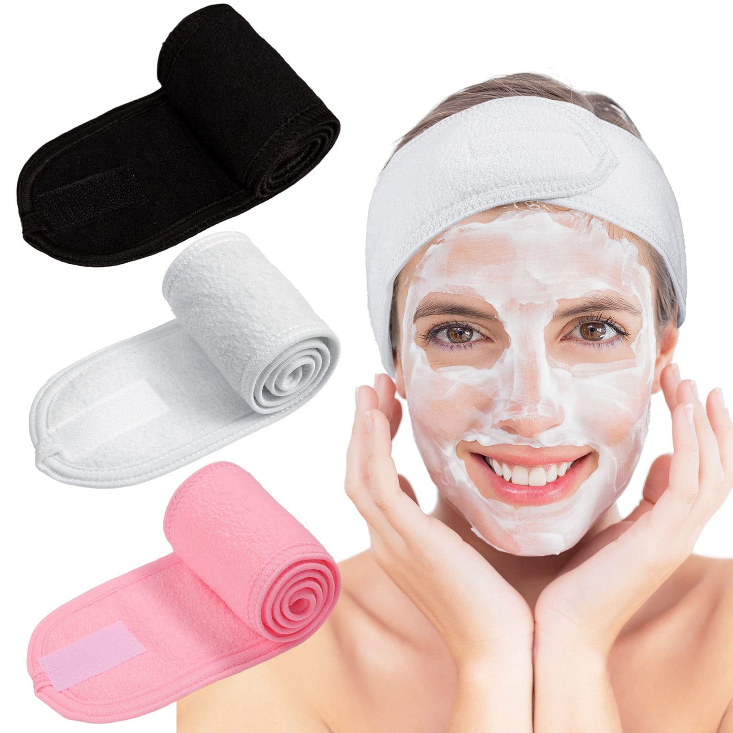 Whaline 3Pcs Spa Facial Headband Make Up Wrap Head Terry Cloth Headband Adjustable Washable Towel for Shower Makeup Face Washing Skincare Facial