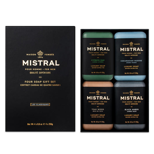 Mistral Men’s Luxury Bar Soap for Men | Gift Set (4 x 8.8 oz) - Cypress Oak, Cedarwood Marine, Teak Wood, Black Amber | Moisturizing, Triple-Milled