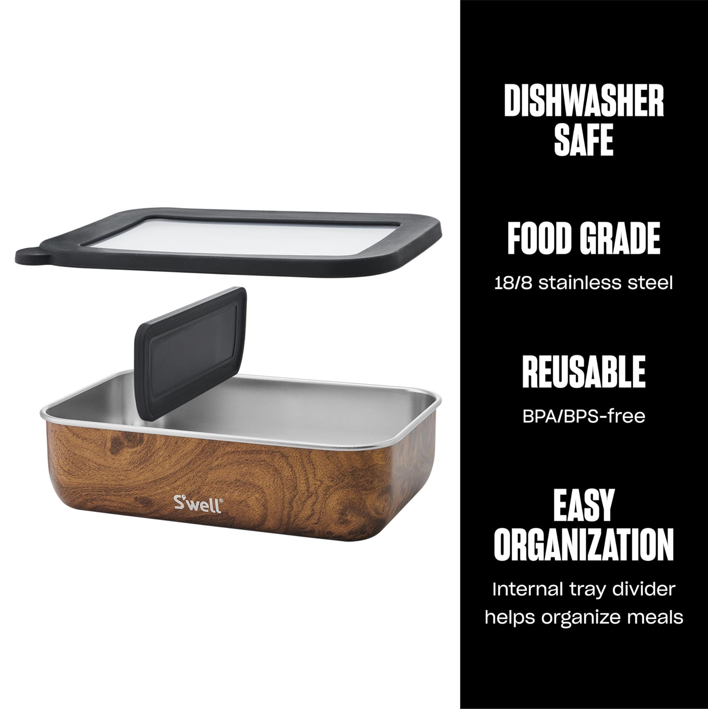 S'well Stainless Steel Bento Box, Teakwood, Fits One Large Entree Or Small Entree And Snack, Includes Removable Divider, Leakproof, Easy to Clean…