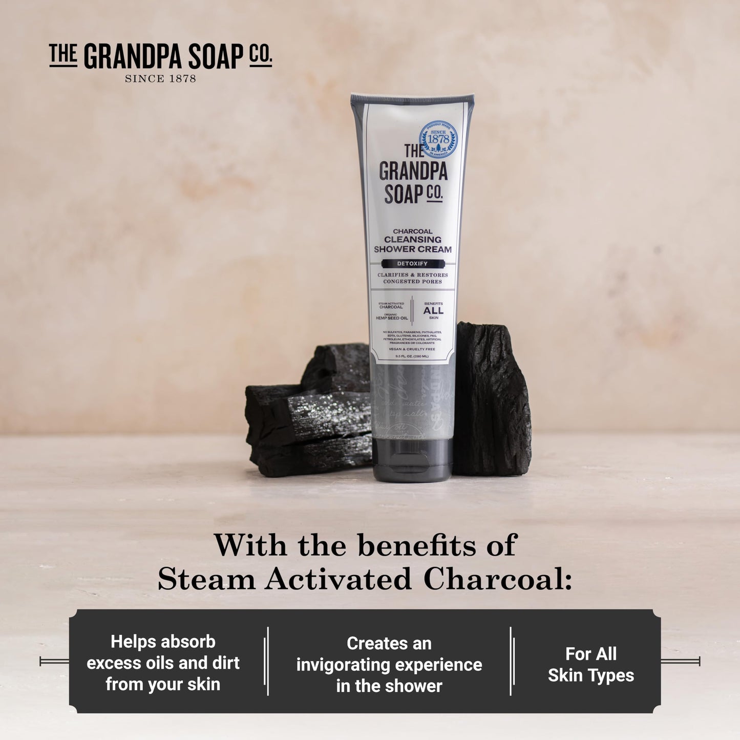 The Grandpa Soap Company Charcoal Cleansing Shower Cream - Clarifies & Restores Congested Pores, With Activated Charcoal & Hemp Seed Oil, Detoxifies