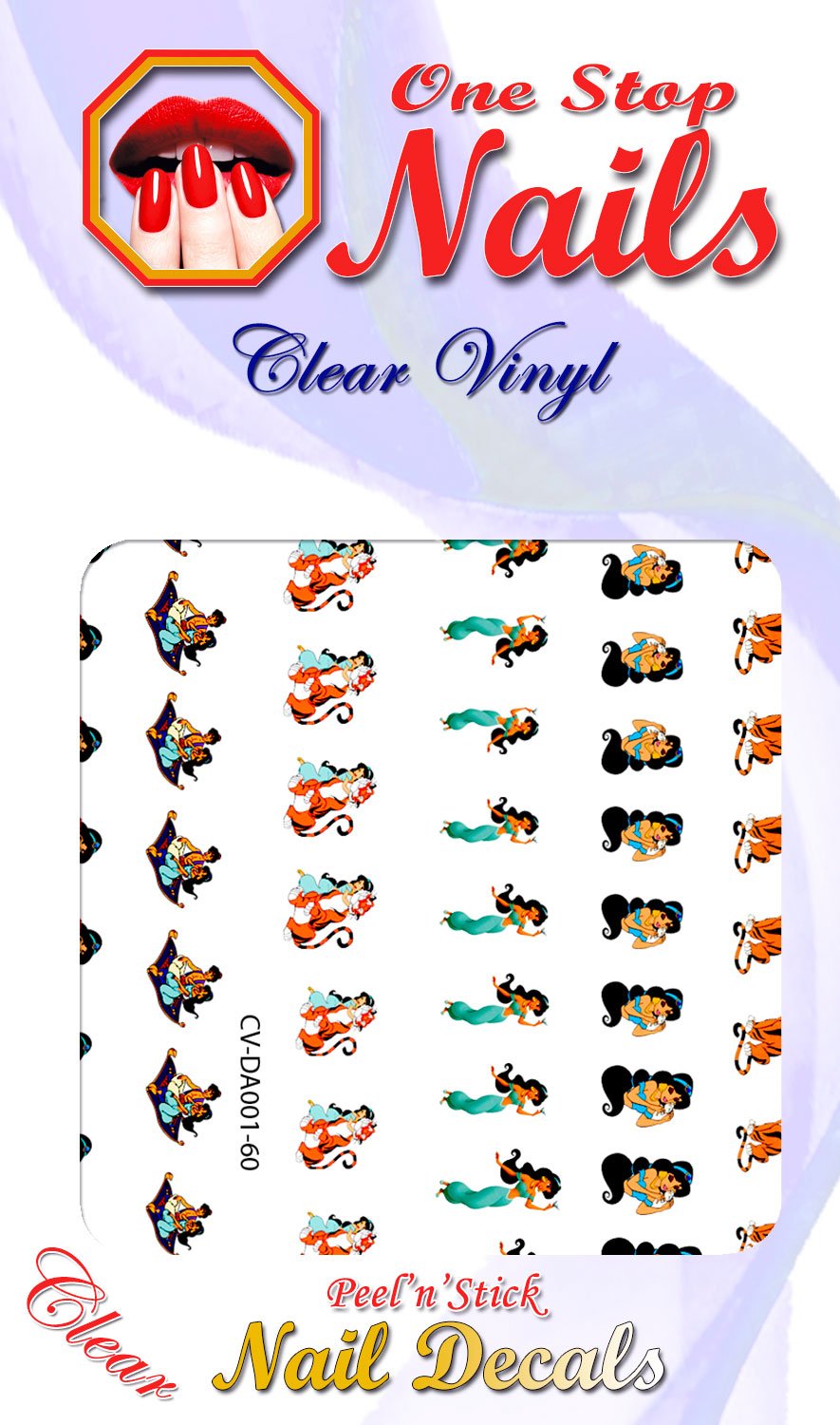 Princess Jasmine and Aladdin clear vinyl Peel and Stick (NOT Waterslide) nail art decals/stickers. Set of 60 by One Stop Nails. Beauty & Personal Care One Stop Nails