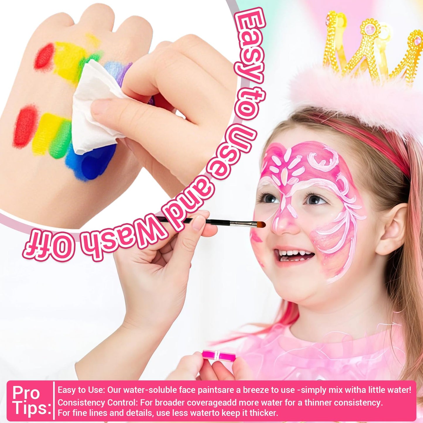 Ruihangda 54 Colors Face Painting Kit for Kids, Non Toxic Water Based Face Body Paint with Brushes, Stencils, Sponges, Gem Stickers, Washable Makeup