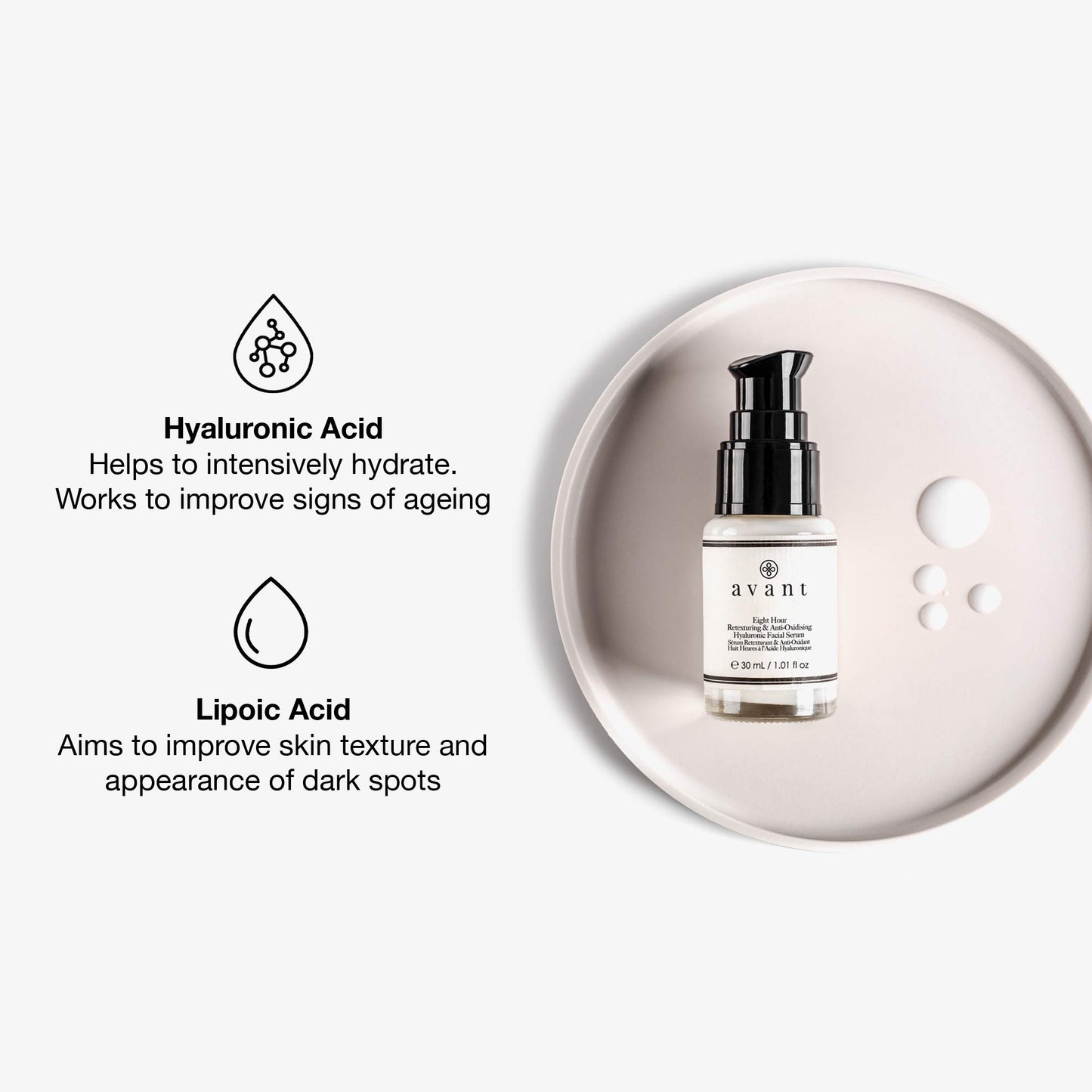 Avant | Hyaluronic Acid Face Serum | Works Against Ageing, Dark Spots & Hydrates | Eight-hour Anti-Oxidising & Retexturing Hyaluronic Facial Serum