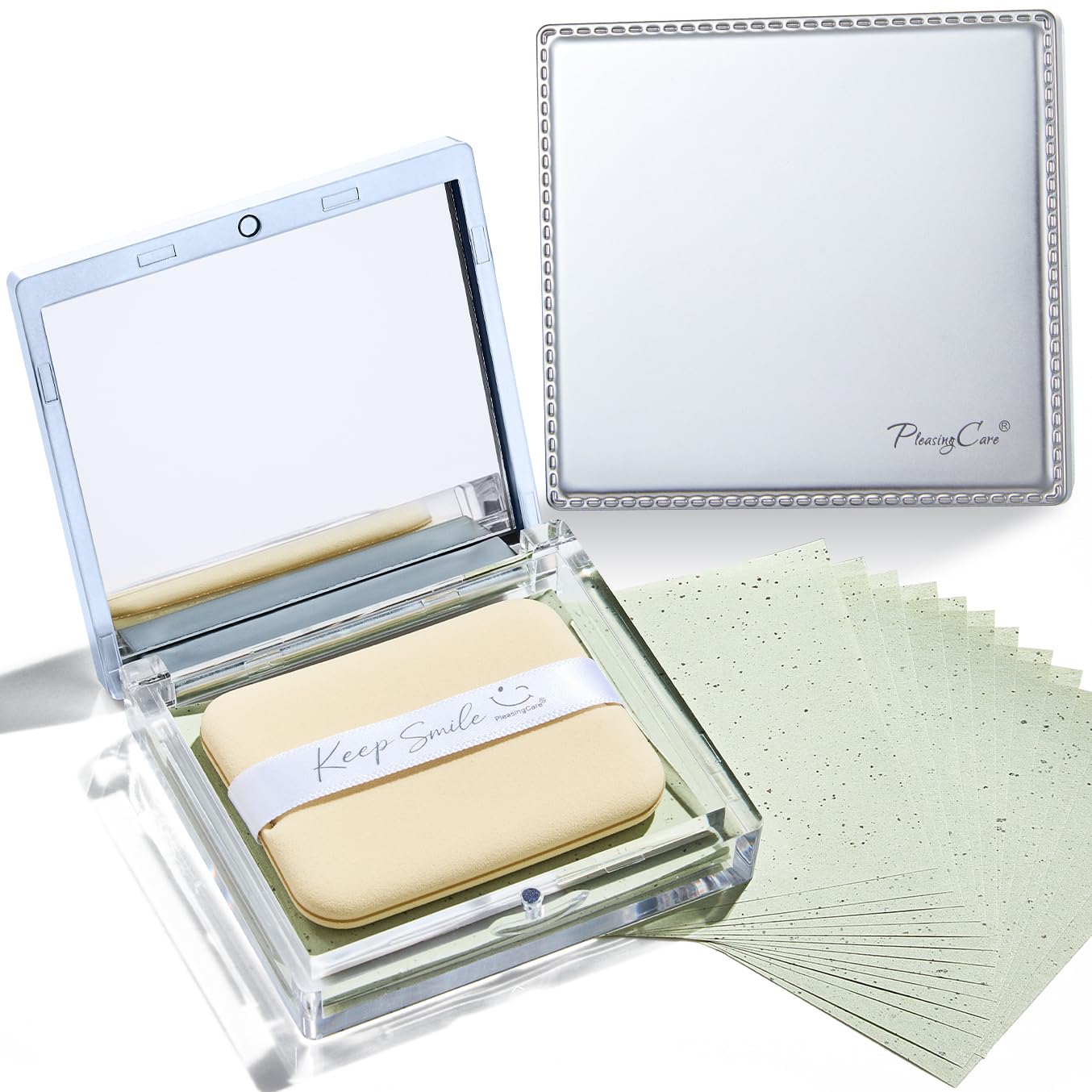 Makeup Mirror with Green-Tea Oil Blotting Sheets and Puff, 100 Count Facial Blotting Paper, Portable Compact for Purse, Travel and On-the-Go Touch-Ups Beauty and Personal Care PleasingCare Default Title