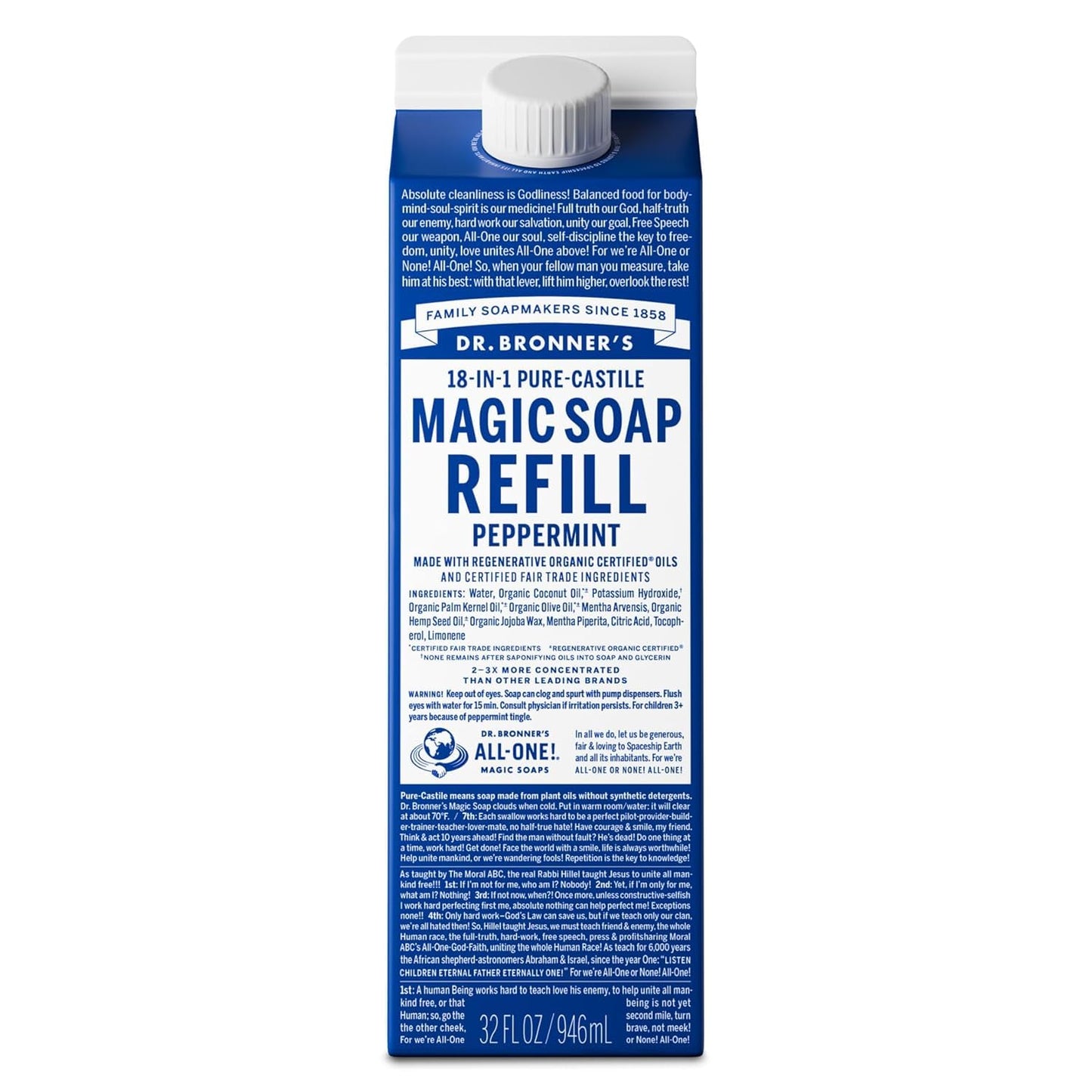 Dr. Bronner's Pure-Castile Liquid Magic Soap Refill - Made with Regenerative Organic Certified Oils, 86% Less Plastic - 18-in-1 Uses for Face, Body