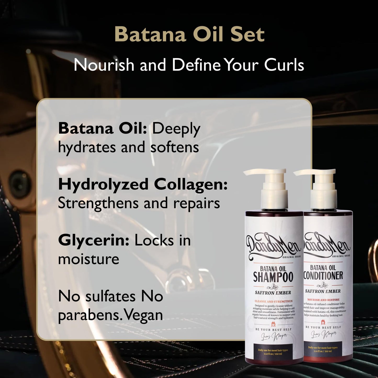 DandyMen Batana Oil Set - Hydrating Shampoo & Conditioner for Wavy & Curly Hair - Frizz Control & Curl Definition - Saffron Ember Scent