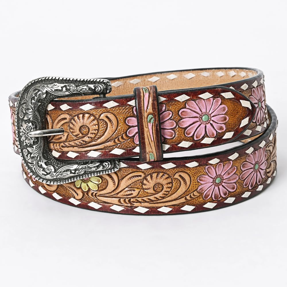American Darling Medium Beautifully Hand Tooled Tan Genuine Leather Belt Men and Women Western with Removable Buckle