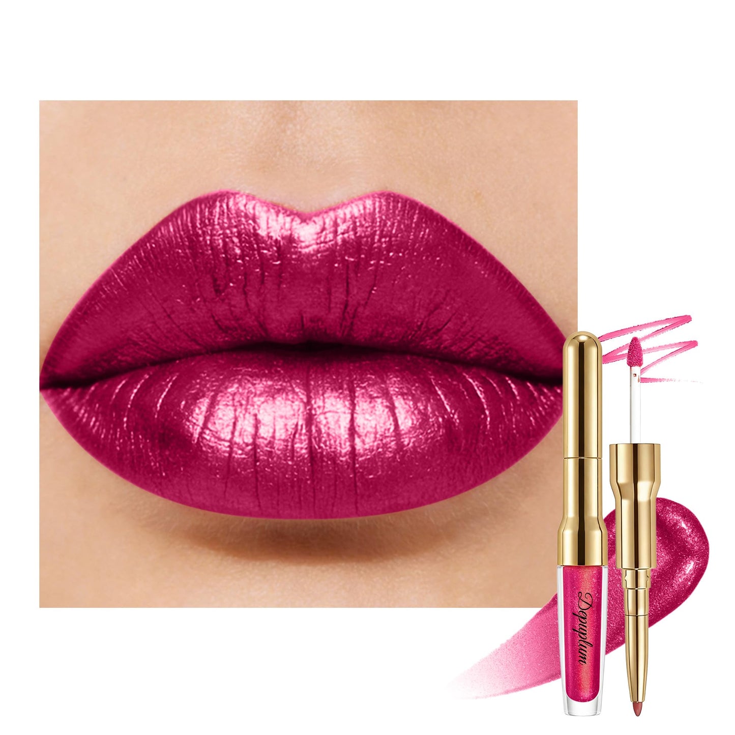 Depuplum Plum Metallic Lipstick and Lip Liner Combo Makeup 2-in-1 Shimmer Glitter Lipsticks for Women Metallic Lip Gloss Stain Burgundy Long Lasting