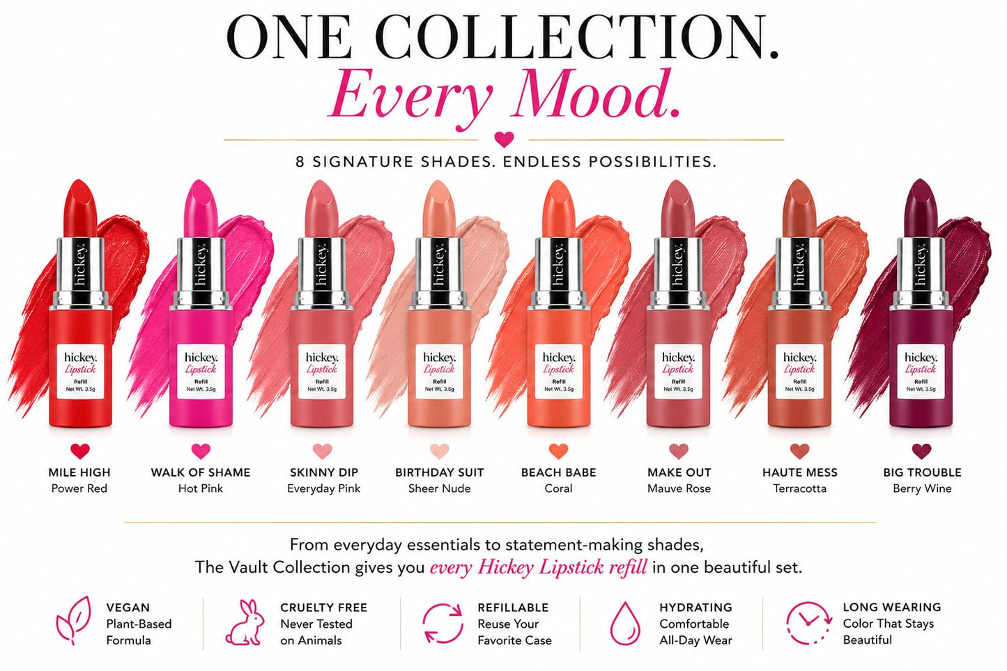 Hickey Lipstick The Vault Collection - 8 Piece Refill Set - (Mile High, Birthday Suit, Walk of Shame, Skinny Dip, Beach Babe, Big Trouble & More) -