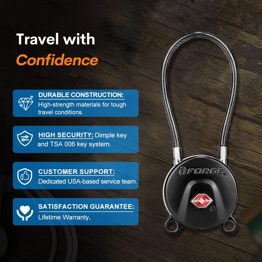 Forge TSA Approved Luggage Locks – Ultra Secure TSA006 Dimple Key Travel Padlocks with Zinc Alloy Body, 2 Pack Cable Locks (Black)