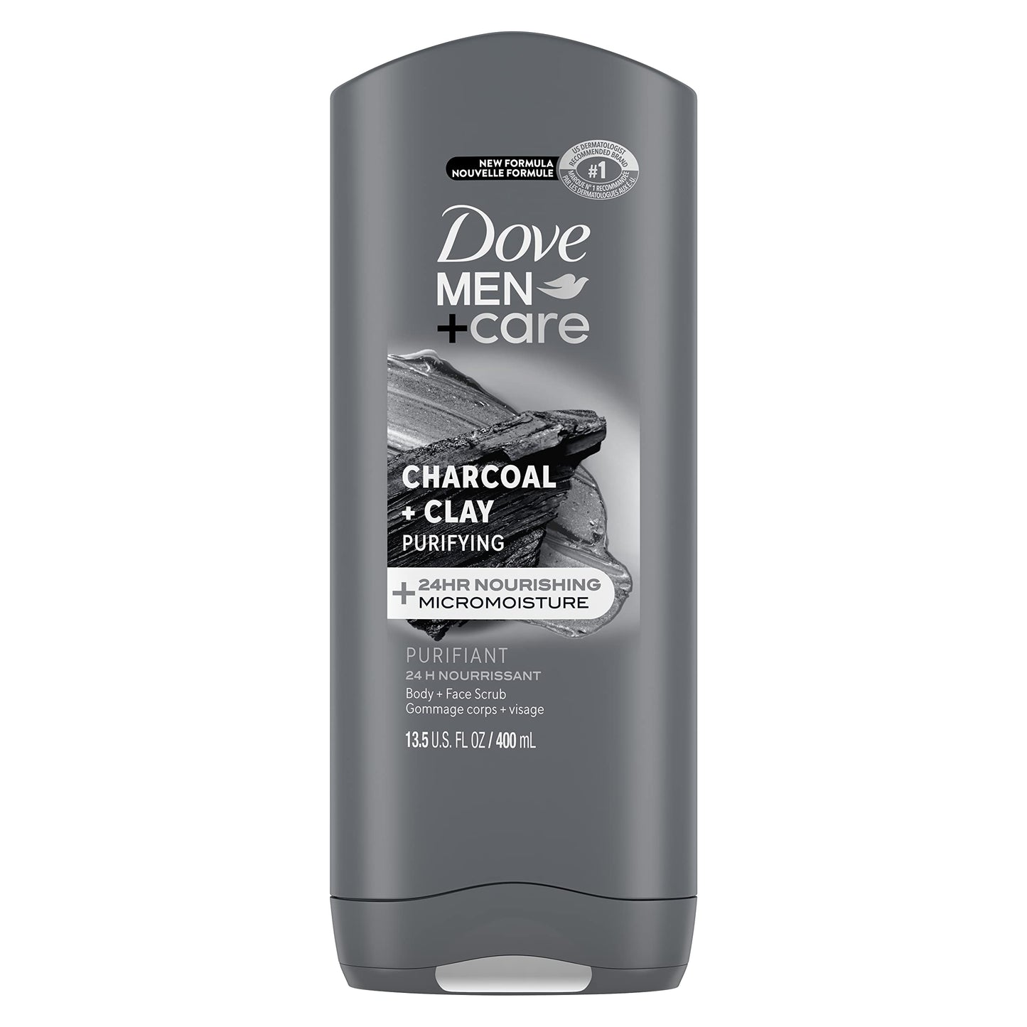 Dove Purifying Charcoal + Clay Body and Face Wash with 24-Hour Nourishing Micromoisture Technology Body Wash for Men, 13.5 oz