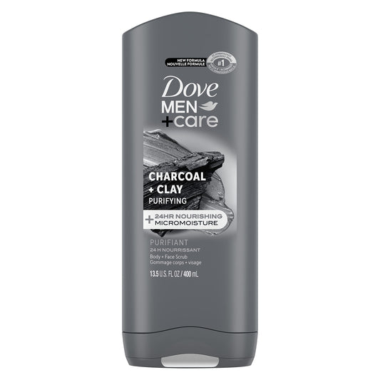 Dove Purifying Charcoal + Clay Body and Face Wash with 24-Hour Nourishing Micromoisture Technology Body Wash for Men, 13.5 oz