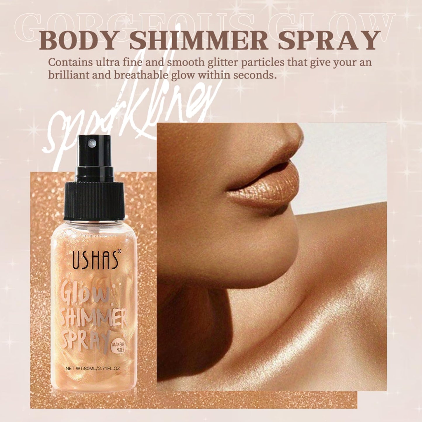 Body Glitter Spray, Body Shimmer Spray Quick Drying Body Glow Shimmer Long-Lasting Shiny Glitter Spray for Women Men for Party, Concert 2.6 Fl Oz
