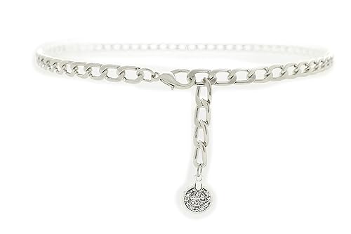 Women Skinny Waistband Belt Silver Metal Chain Links Coin Charm Buckle Size XS S M