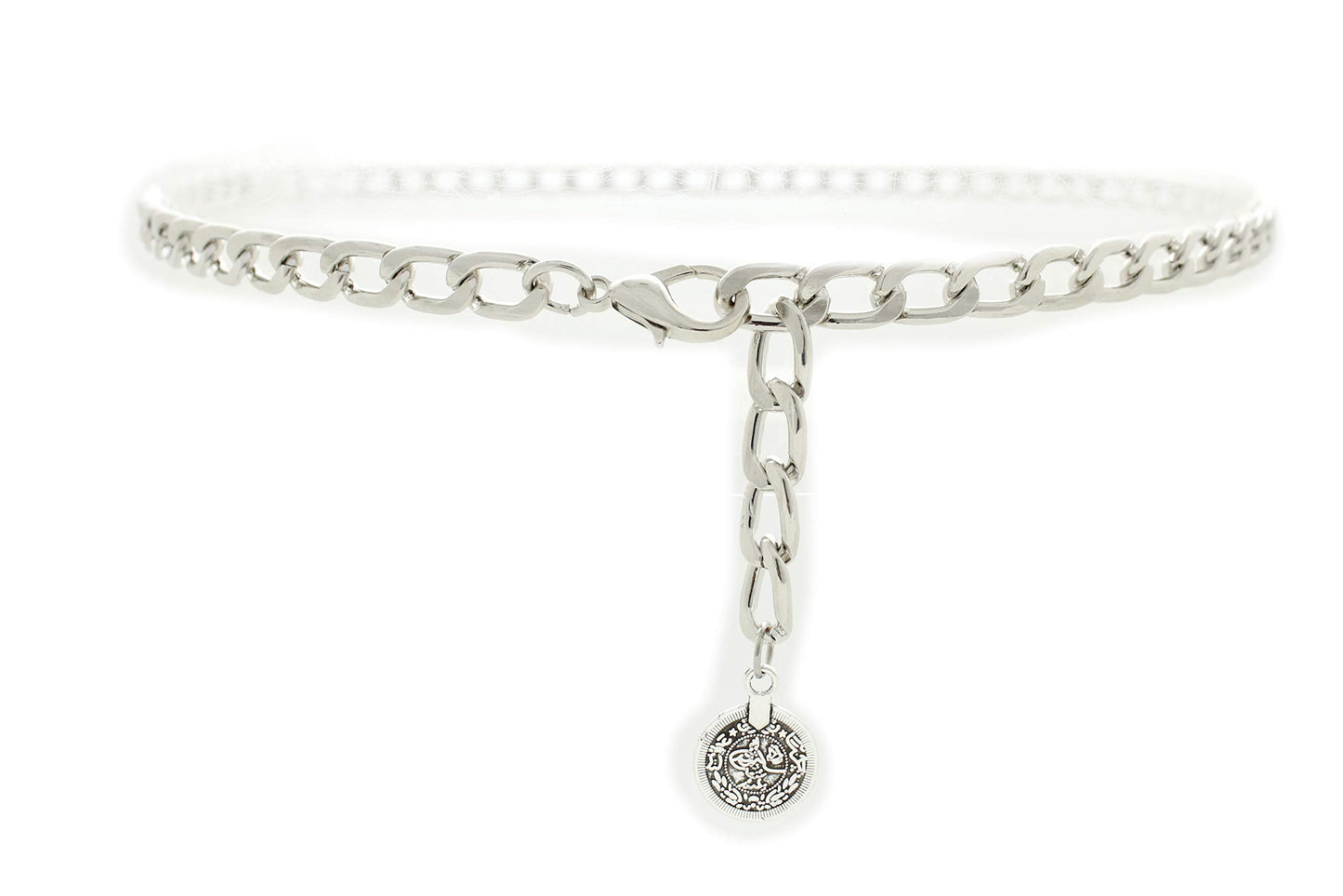 Women Skinny Waistband Belt Silver Metal Chain Links Coin Charm Buckle Size XS S M