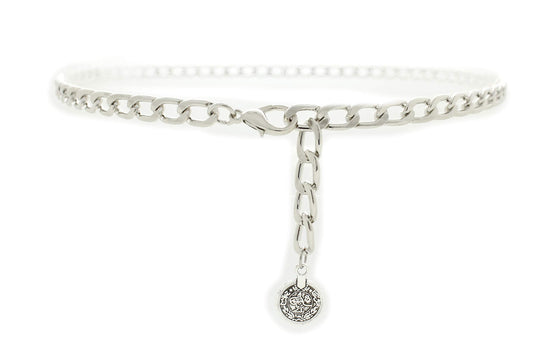 Women Skinny Waistband Belt Silver Metal Chain Links Coin Charm Buckle Size XS S M