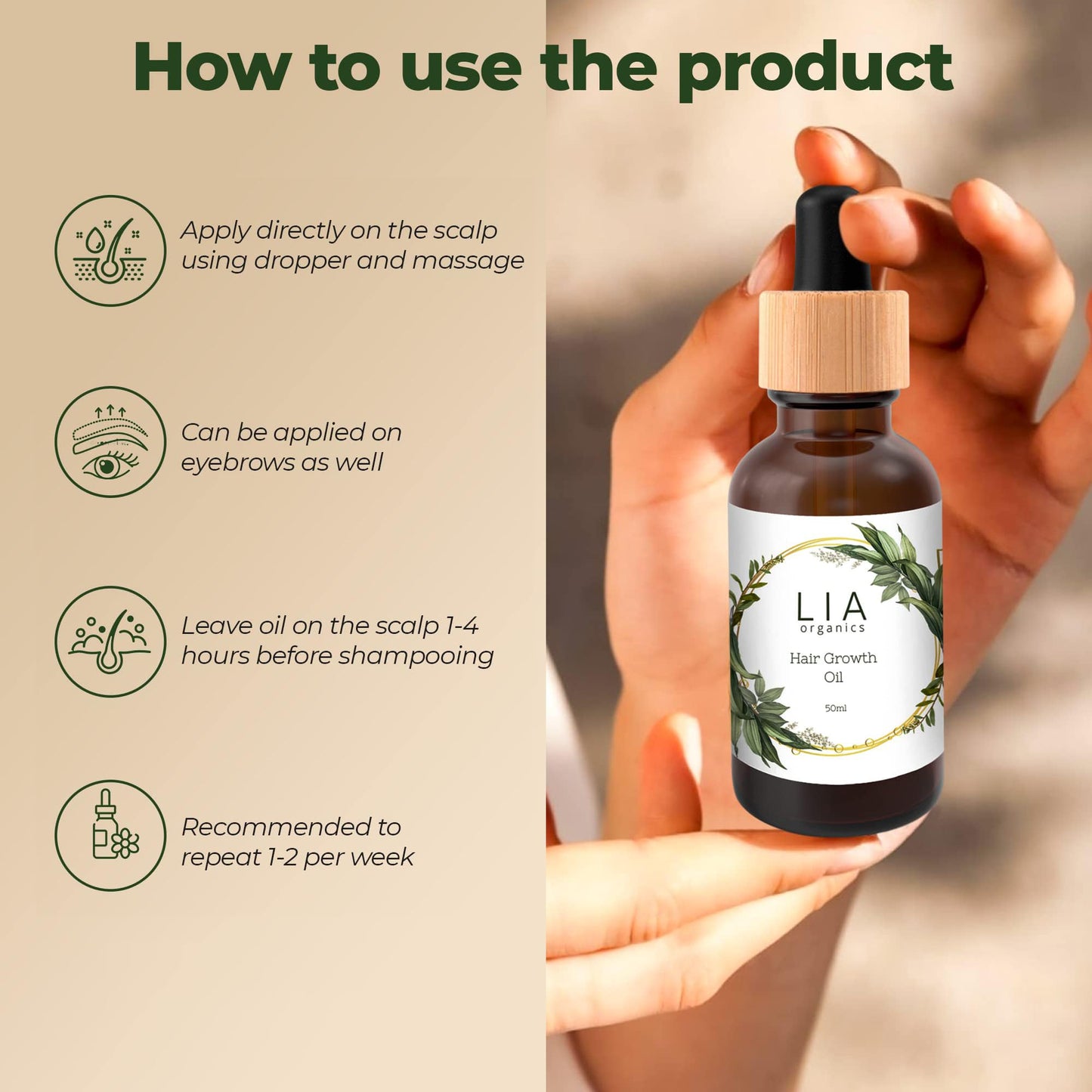 Lia Organics Hair Growth Oil - Organic, Vegan, cruelty free - Rosemary oil, castor oil, pumpkin seed oil, amla oil etc. For thick healthy hair, 1.70