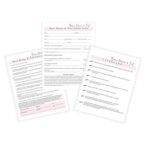 Brow Henna and Tint Intake Forms, Consent, and Aftercare Instruction Cards | 75 pk, 25 of Each | for Client Signature Medical History Information