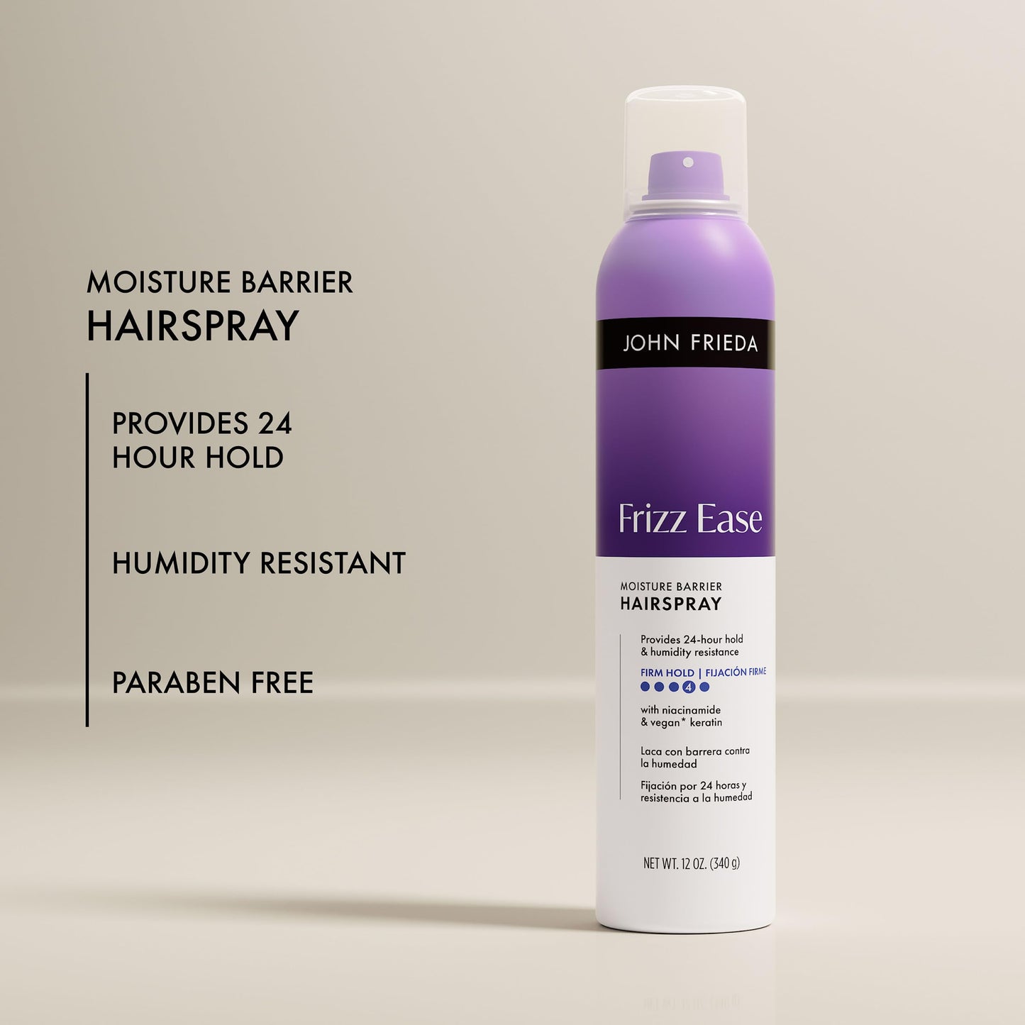 John Frieda Frizz Ease Moisture Barrier Firm Hold Hairspray, Extra Strength Hairspray with Frizz Control, 12 Oz, Pack of 2