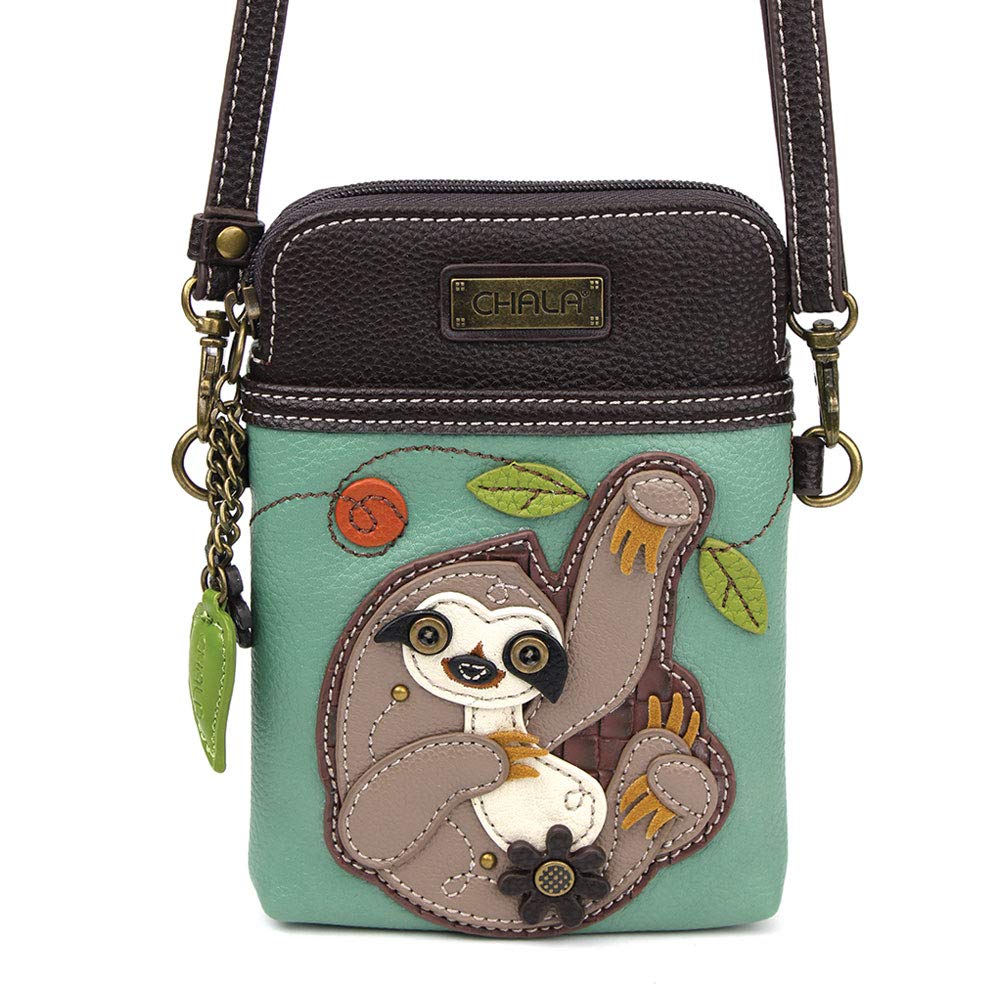 CHALA Wilderness Animal Collection Cell Phone Crossbody Purse-Women PU Leather/Canvas Multicolor Handbag with Adjustable Strap - Sloth - teal