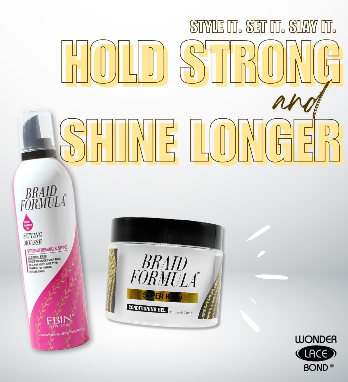 EBIN NEW YORK Braid Formula Conditioning Gel Super Hold 11oz & Setting Mousse Strengthening Shine Sweet Almond Oil 12.49oz Braid Mousse Hair Foam