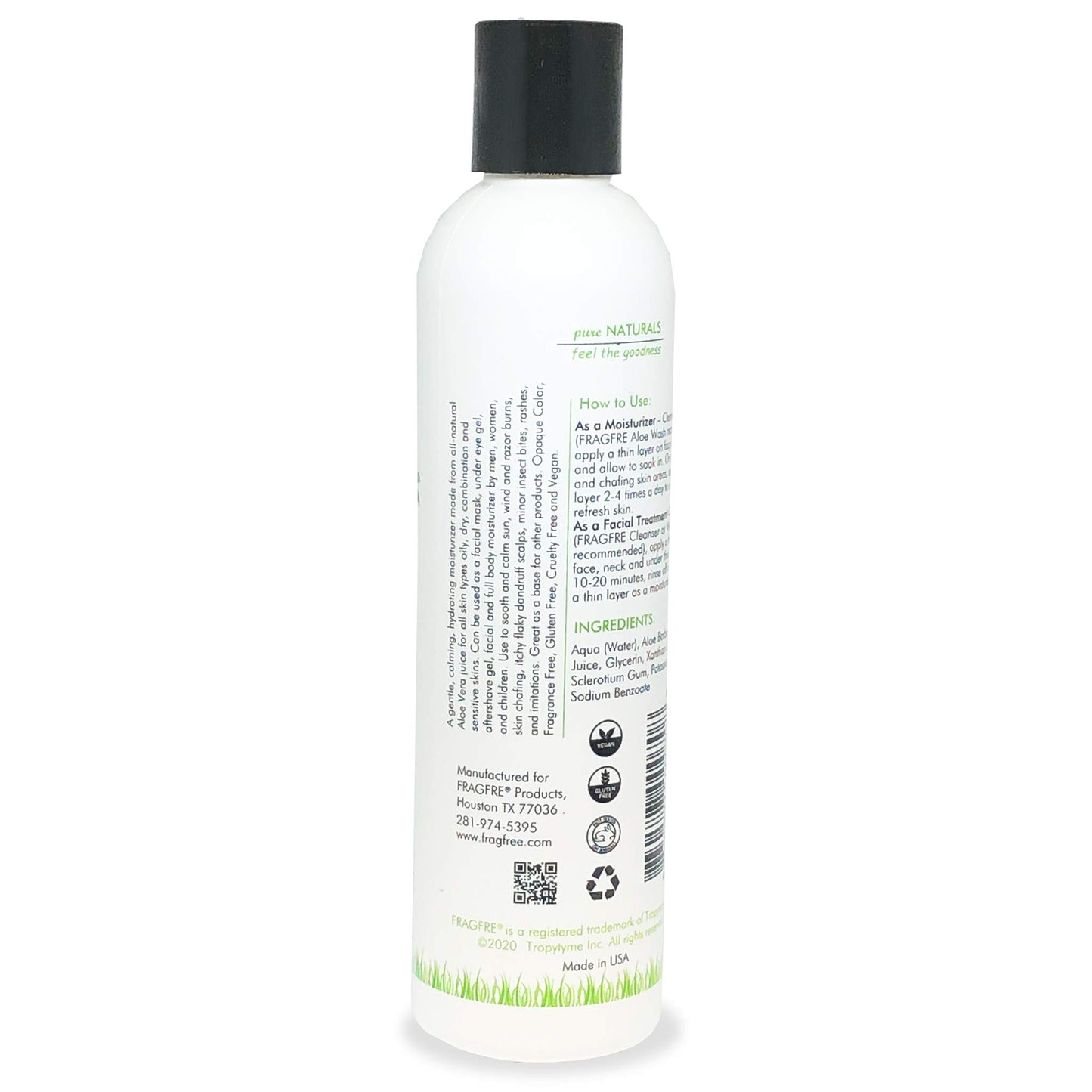 FRAGFRE All-Natural Aloe Vera Gel 8 oz - No Synthetic Carbomer or Acrylate - 100% Natural Aloe Vera Soothing Gel - After Sun Exposure Skin Care