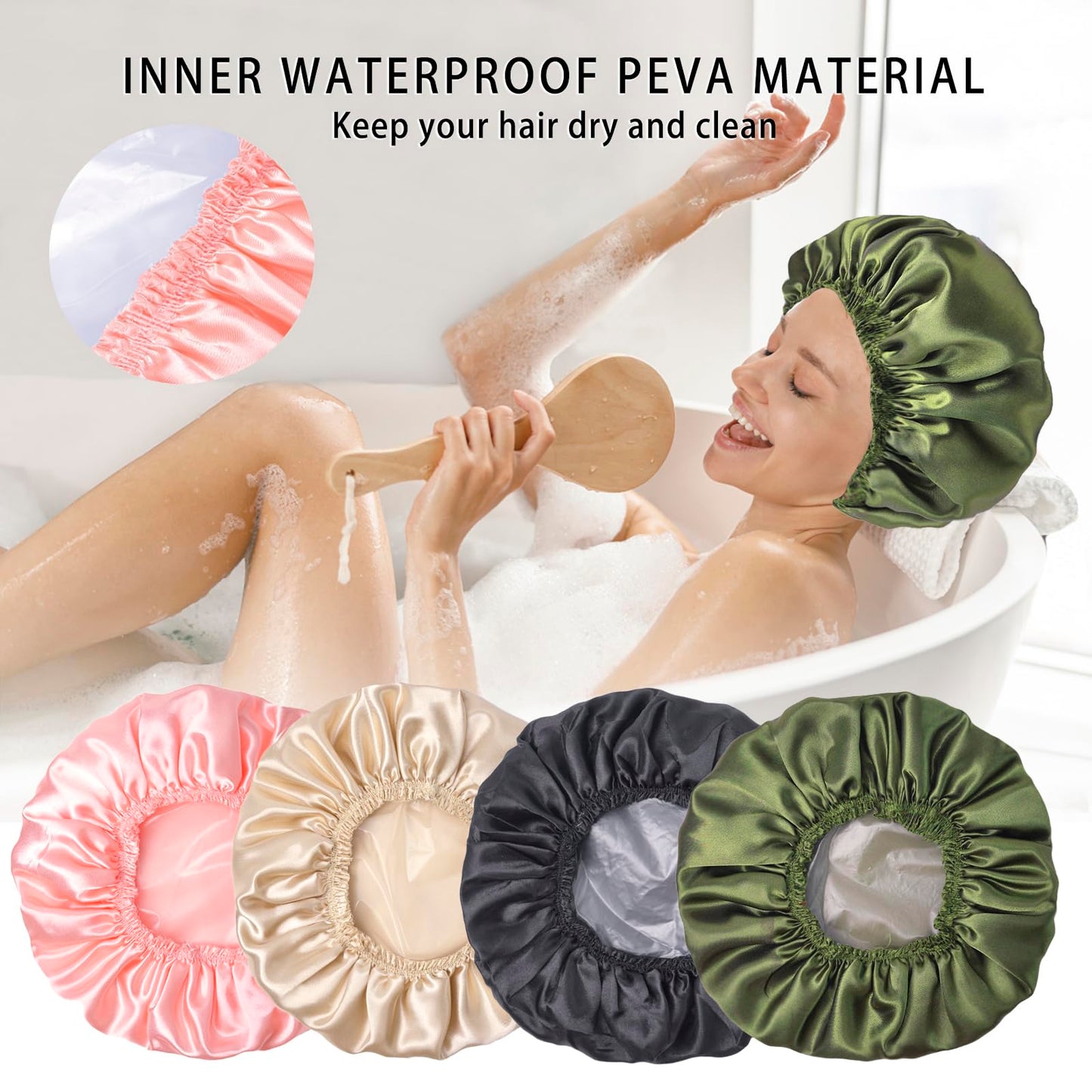 Shower Caps for Women, 4 PCS Elastic and Reusable Bath Caps, Double Layers Shower Cap Reusable Waterproof, Bathing Shower Caps, Environmental Bath Beauty and Personal Care CHFONG