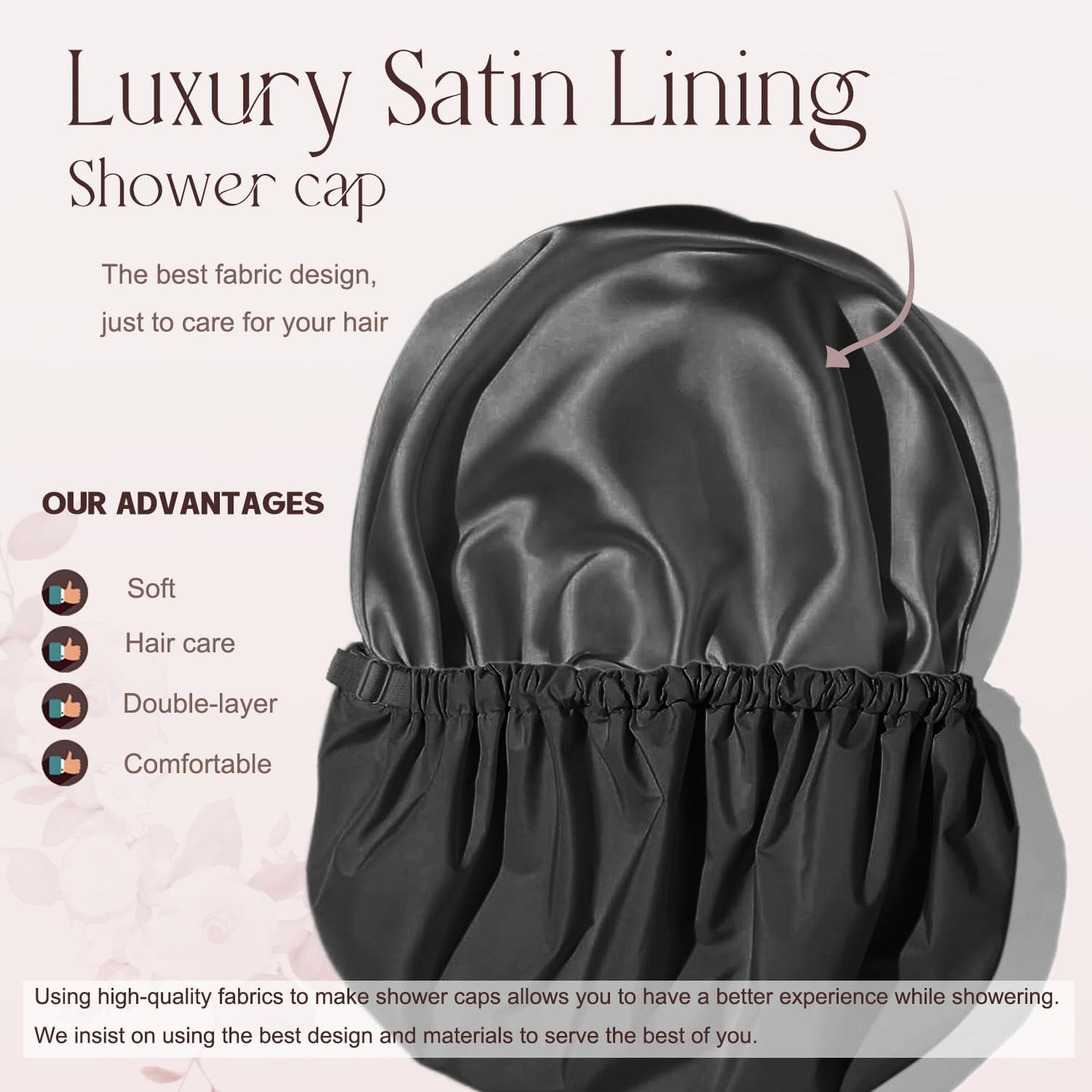 Amamba Shower Caps, Silk Lined Shower Cap for Women,Reusable,Adjustable Size, Washable & Waterproof,Large Satin Shower Cap-Black