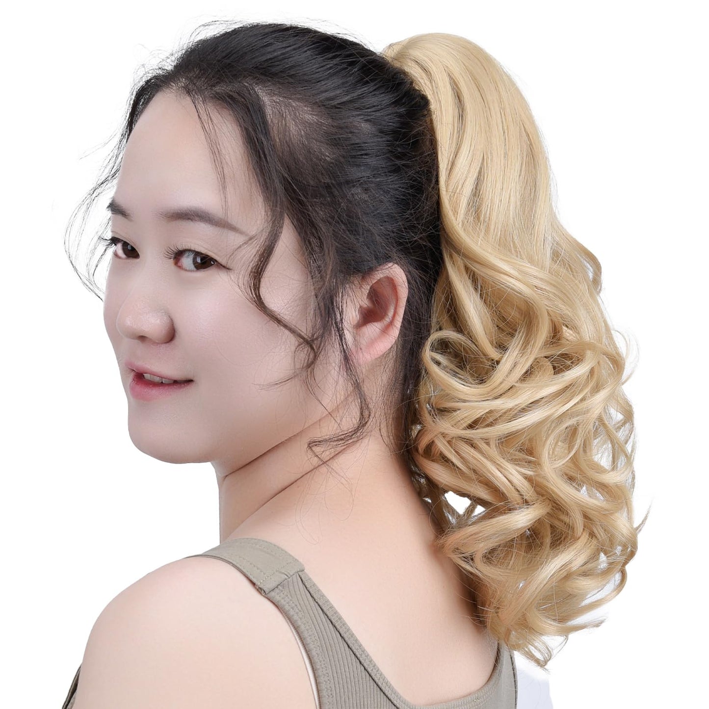 SYXLCYGG Blonde Clip Ponytail Extension – 14" Wavy Claw Clip, 4.3oz Synthetic Yaki, Realistic Fluffy Fake Hairpiece for Women