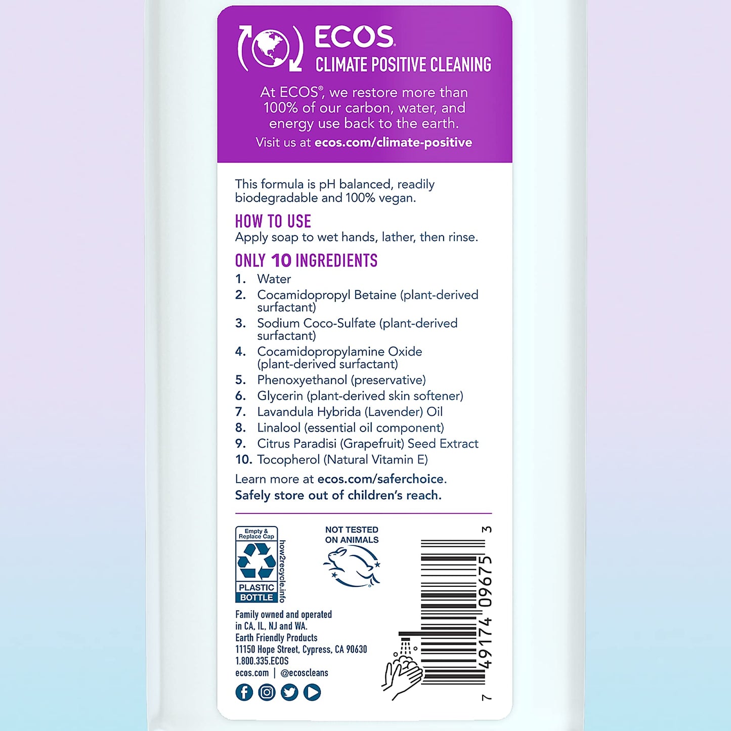 ECOS Hypoallergenic Hand Soap Lemongrass 32oz Bottle by Earth Friendly Products, Lavender, 32 Fl Oz (67670)