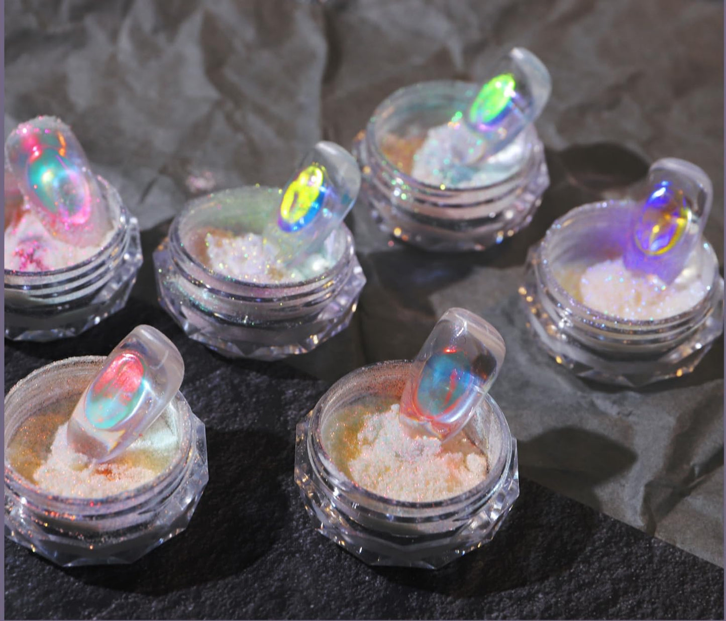 Ice Transparent Aurora Nail Powder Neon Rainbow Holographic Chameleon Powder Multi Chrome Iridescent Pigment Pearlescent Nail Art Glitters (6 Boxes