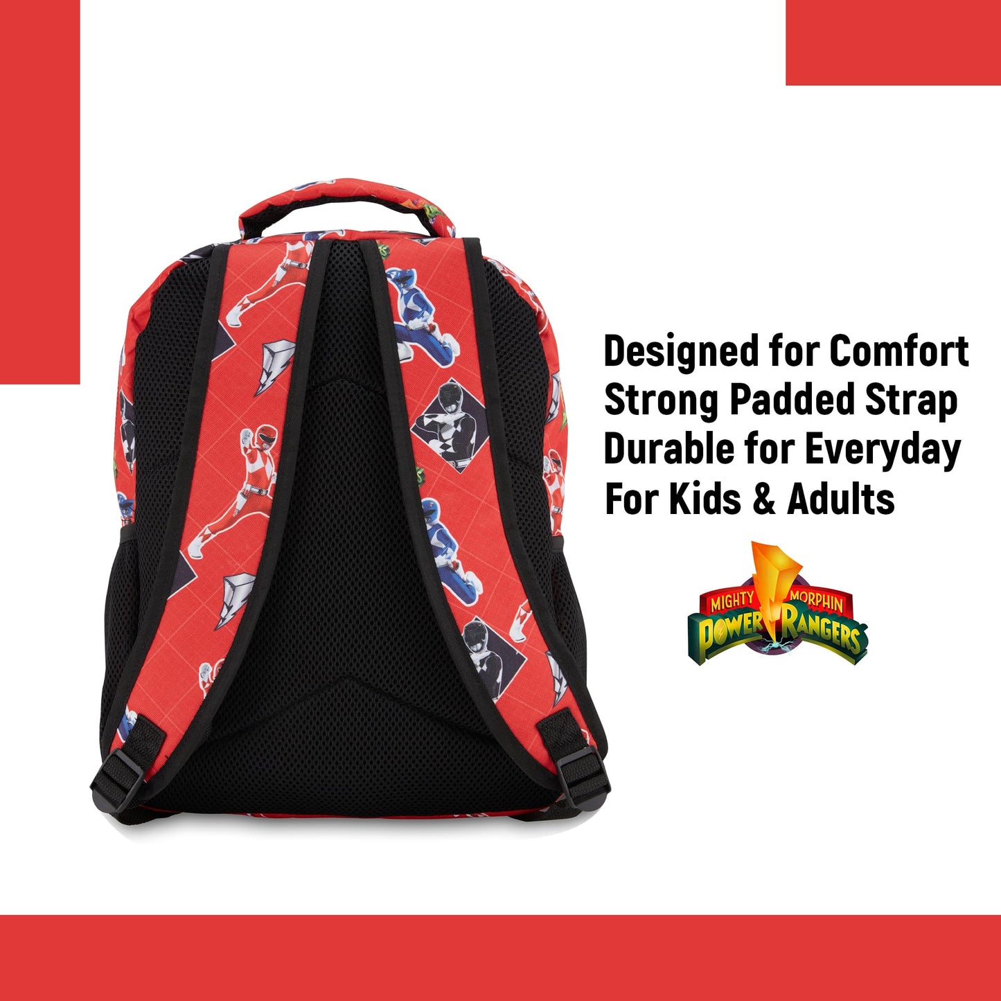 Power Rangers Classic Allover Backpack - Red, Pink, Black, Green Yellow and Green Ranger - Official School Bookbag (Red)