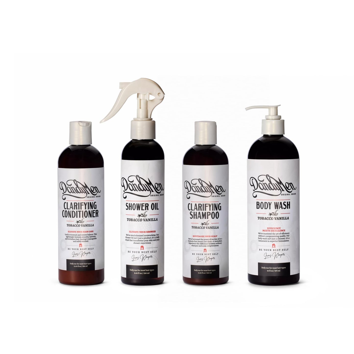 DandyMen Men’s Shower Set - Shampoo, Conditioner, Body Wash & Shower Oil - Cleansing & Moisturizing Grooming Kit for Hair & Skin (Tobacco Vanilla)