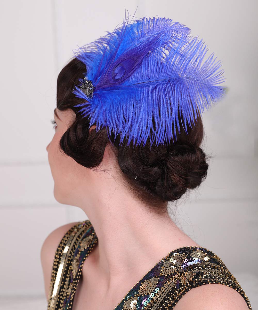 Aimimier 1920s Headpiece Flapper Royal Blue Feather Hair Clip Crystal Roaring 20s Prom Party Festival Hair Accessories for Women