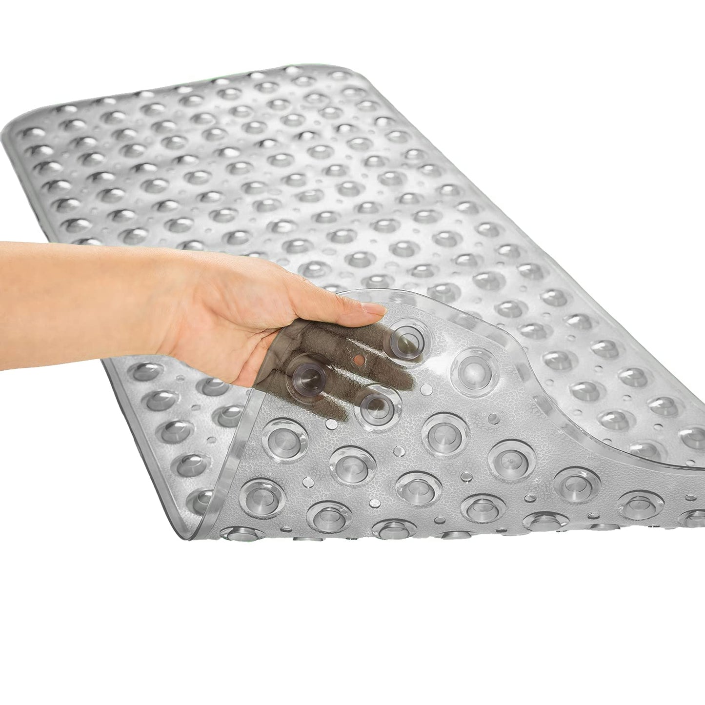 TEESHLY Extra Long Non-Slip Bathtub Mat 39x16" – Drain Holes & Suction Cups, Machine Washable Bath Mat for Shower (Clear Grey)