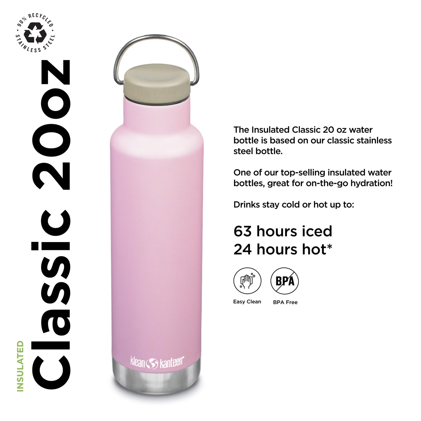 Klean Kanteen Classic Insulated Water Bottle with Loop Cap - Stainless Steel Drinking Bottle for Hot & Cold Beverages - Dishwasher-Safe Travel Bottle