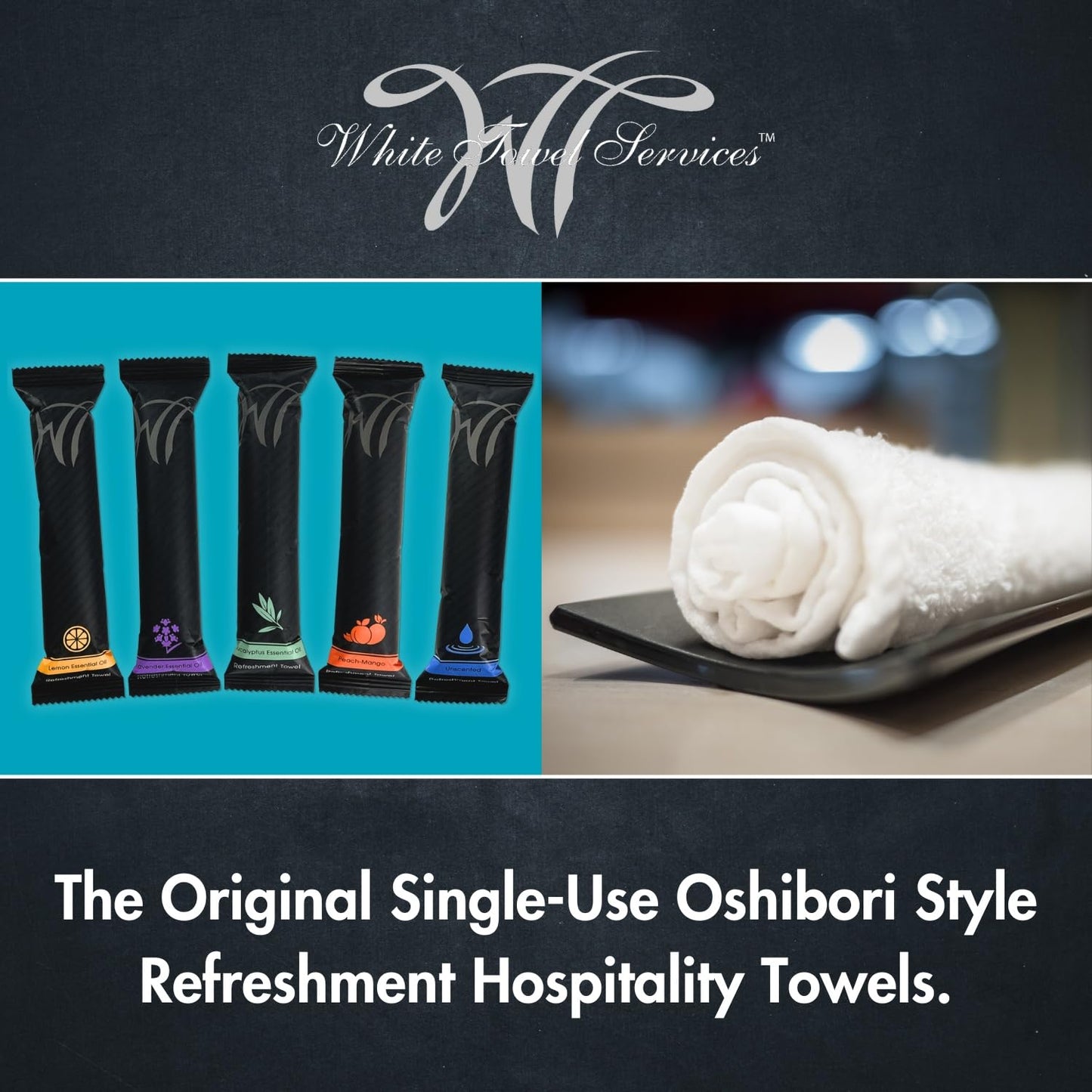 White Towel Services 8" x 8" inch Moist Cotton Towel Individually Wrapped - Peach-Mango Scent (Case of 50) - Single-Use Oshibori Style Cotton