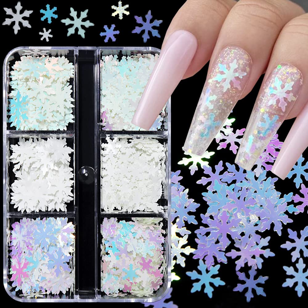 Snowflake Nail Glitter Sequins, 6 Grids Holographic Christmas Nail Art Glitter Snow Flakes Christmas Nail Design Winter Xmas Nail Sticker Decals
