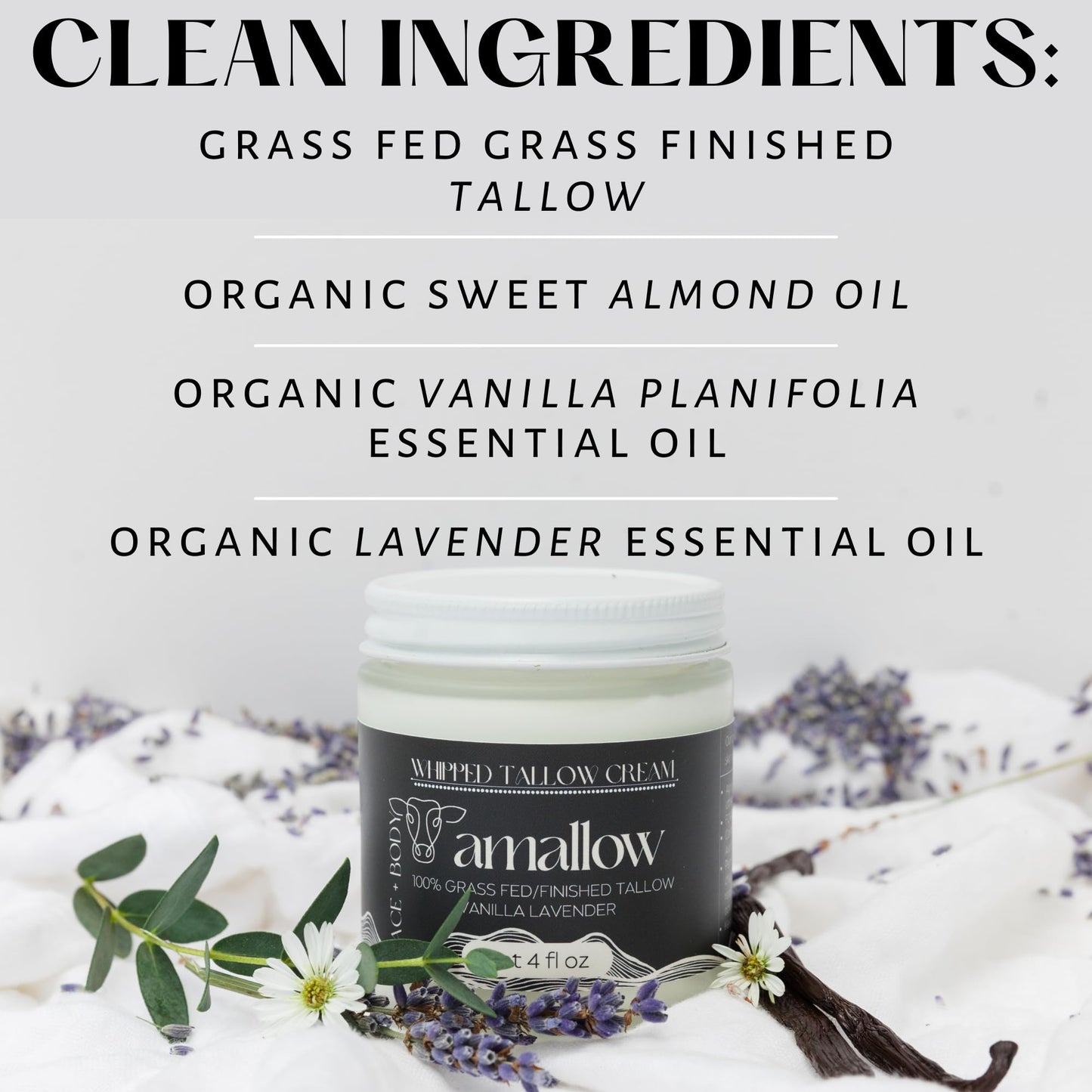 Amallow 100% Grass Fed Beef Tallow for Skin Care - Face + Body - Whipped Moisturizer - Natural Lotion, 4 FL. oz. (Vanilla Lavender) Beauty and Personal Care Amallow
