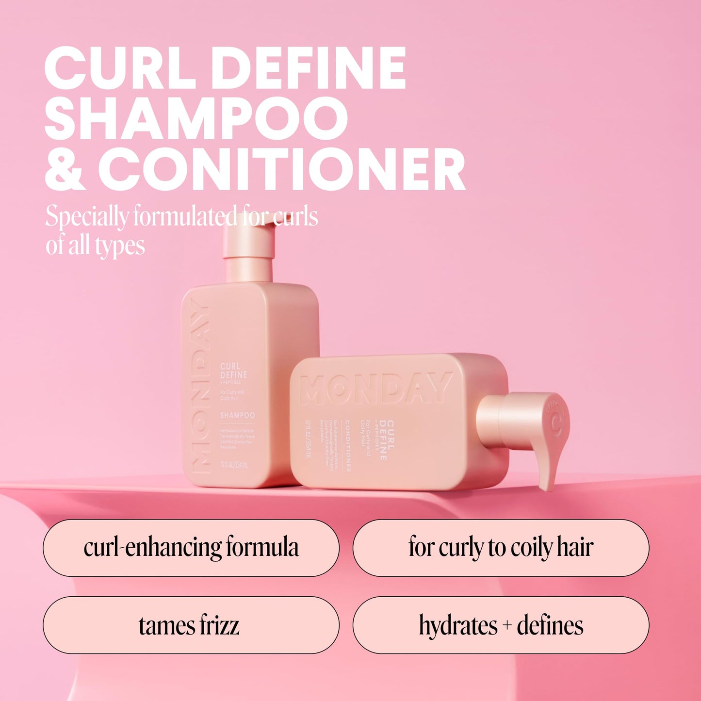 MONDAY HAIRCARE Curl Define Shampoo + Conditioner Set (2 Count) 12 oz Each Nourishes Curls, Tames Frizz, Coconut Oil and Shea Butter Enhance Shine