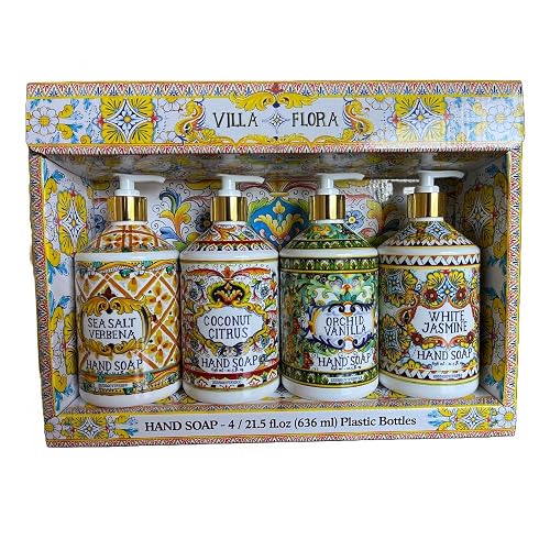 Home and Body Company Hand Soap Villa Flora Collection 16 FL/473ml Bottles infused with Essential Oils (SET OF 4) Sea Salt Verbena, Coconut Citrus