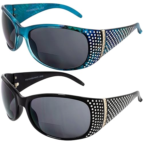 Global Vision Set of 2 Galaxy Womens Bifocal Fashion Motorcycle Sunglasses Readers Chrome Rhinestones Black & Blue Frames 2.5 Magnification
