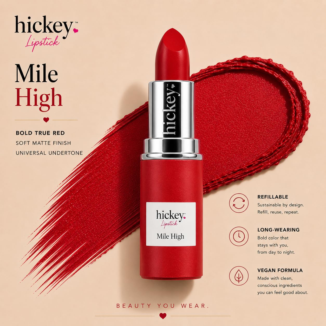 Hickey Lipstick Mile High Organic Perfect Red Lipstick Refill - Long Lasting Lipstick for Women - Hydrating & Moisturizing Shade, Best Lip Color for
